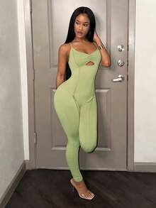 Slaydiva 早春新款，春夏音乐节，情人节，复活节休闲风，简约基础款，Y2K街头甜美风，网红热销款，日常约会，辣妹风，性感运动风，吊带，U领，镂空，修身长裤，撞色哈苏线装饰，V领，大露背，浅绿色长裤，女士紧身连体裤 -A - 橄欖綠 - 查看 6