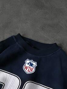 ROMWE MEN Street Life Men's Contrast Stripe & Numeric Print Crew Neck Long Sleeve Pullover Sweatshirt