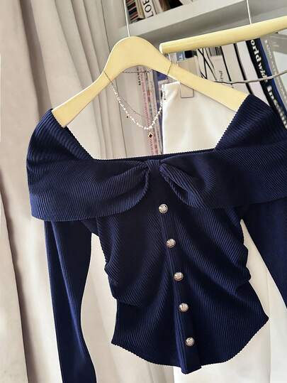 GlowEve CURVE Plus Size Soft & Elegant T-Shirt, Versatile Design For Daily, Commute, Date, Wedding, Party, Slimming Dark Blue Top Navy Top Blue Long Sleeve Top Navy Blue Top Ribbed Knit Top