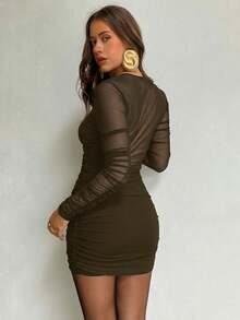 Aloruh Gaun Bodycon Lengan Panjang Berlipit Warna Polos untuk Wanita, Musim Gugur - Hijau Tentara - View 2