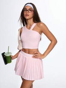 Eassivo Eassivo Women's One‑Shoulder Crop Top & Pleated Tennis Skirt Set,Asymmetric Strappy Top, Flared Pleated Mini Skirt,Athletic Skirt Sets - Pink - View 1