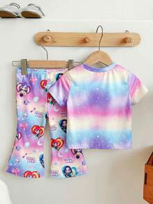 SHEIN 可爱迷你波点渐变奶油粉，趣味字母“可爱、聪明又有点戏剧化❤”女婴休闲简约短袖圆领T恤和喇叭裤套装，夏季穿搭，舒适百搭，适合秋季叠穿，时尚女婴，休闲装，女婴图案服装，返校季，秋季服装，返校节 - 彩色 - 查看 2