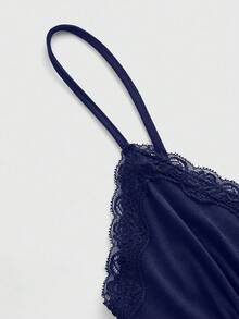 ROMWE Fairycore Summer Outfits Plus Size Elegant Solid Color Lace Trim Camisole - Navy Blue - View 4