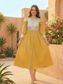 Teen GirlFestive Middle Eastern Satin Patchwork Embroidered Pattern Princess Puff Sleeve Princess Dress - Yellow - View 5