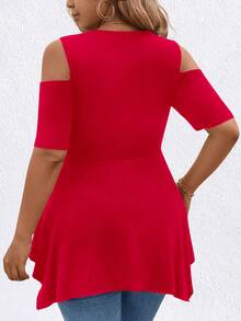 EMERY ROSE 大码女式优雅U领不对称下摆T恤 - 紅色 - 查看 2