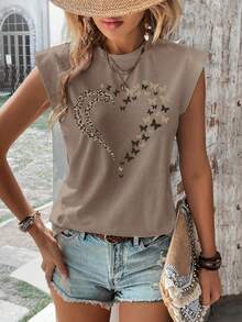 Women Fashion Leopard, Butterfly And Heart Printed Short Sleeve T-Shirt Graphic Tees Women Tops - Multicolor - View 3