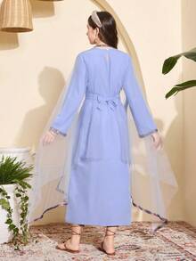 Vestido largo tradicional para adolescentes, de manga transparente con bordado en azul claro, corte holgado, adecuado para uso diario, ir al trabajo, festivales y celebraciones, con un toque suave, para primavera/otoño - Morado - Ver 6