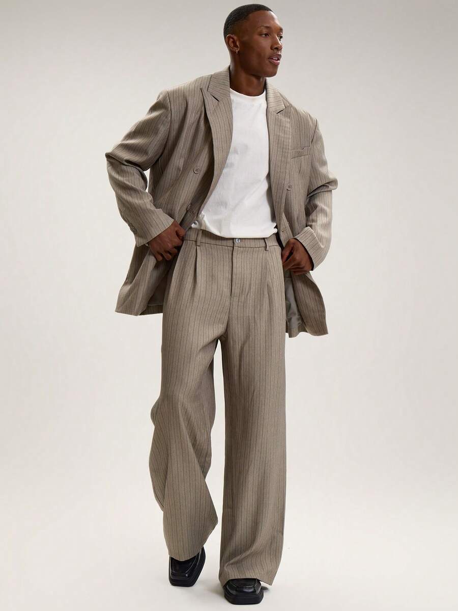 Musero Men Pinstripe Oversized Smart Casual Tailored Trousers , Tailoring Suits Spring&Summer - Khaki - View 1