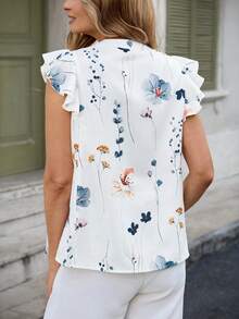Isle Nomé Blus Wanita Kasual Musim Semi Bergaris Kerah Ruffle Trim Lengan Pendek Motif Bunga Bertekstur Leher V - MultiWarna - View 2