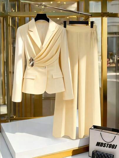  GlowEve Spring New Yellow Elegant Commuter Elegant Women's Gold Button Decor Blazer +Waist Flared Pants With Decorative Button Design Pleated Women 2 Pieces Set,Elegant Everyday Commute Versatile Minimalist Fashion Yellow Set Fall Cloth For Women