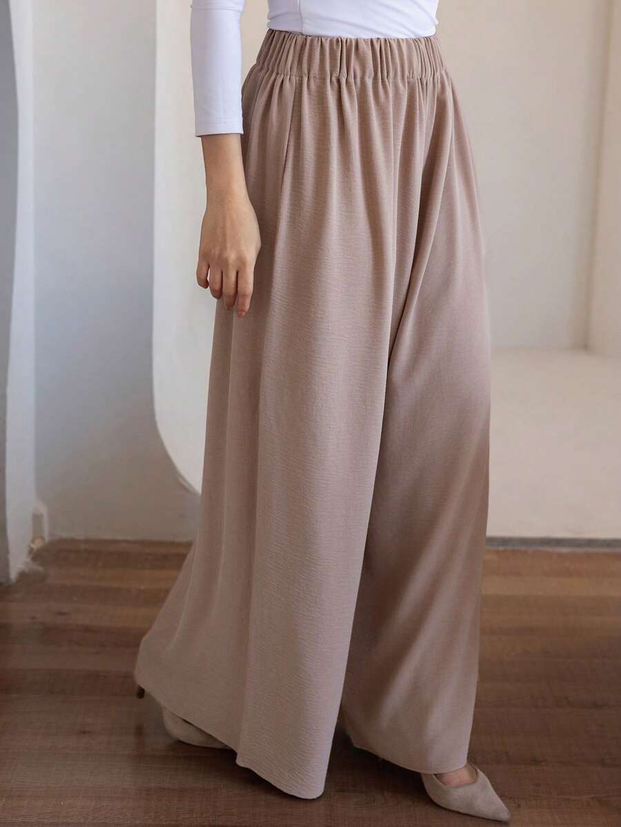 DAZY 女士休闲纹理弹力腰阔腿宽松长裤 - 卡其色 - 查看 1