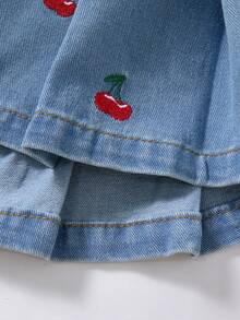 SHEIN 女婴樱桃刺绣蓝色牛仔百褶裙 - 淺色水洗藍 - 查看 6