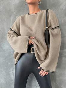 Women's Contrast Trim Round Neck Casual Versatile Long Sleeve Pullover Sweater - Beige - View 5