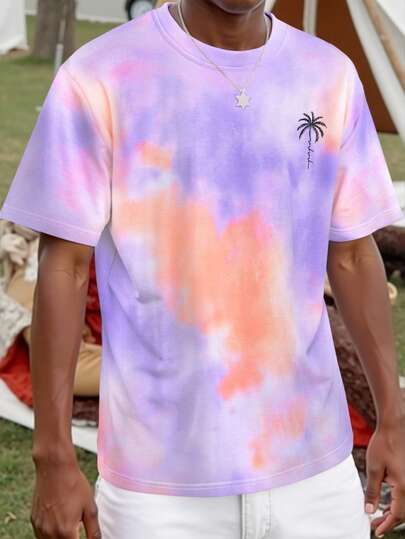 Manfinity Chillmode 男士休闲度假风棕榈树字母扎染印花短袖T恤，夏季