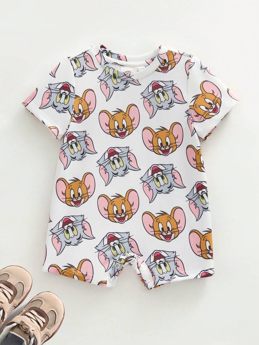 TOM & JERRY X SHEIN Baby Girl Cartoon Pattern Round Neck Short Sleeve Romper - White - View 1