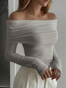 DAZY Women's Off-Shoulder Fitted T-Shirt, Autumn/Winter New Arrival Long Sleeve - Khaki - View 3