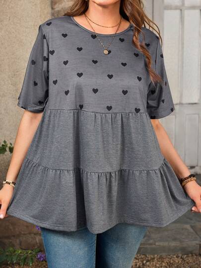 EMERY ROSE Plusstorlek Dam Patchwork Hjärttryck Rund Hals Kortärmad Volang Fåll Casual T-shirt