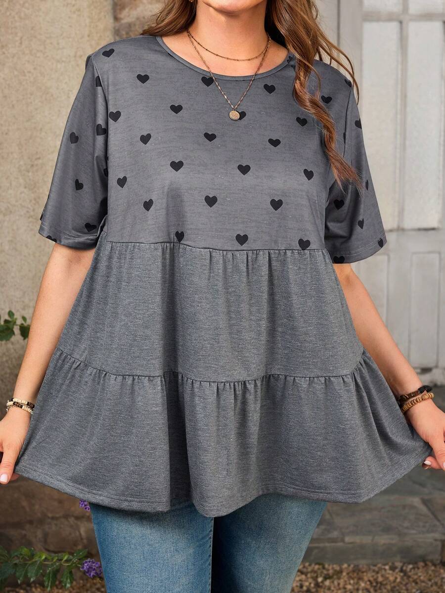 EMERY ROSE Plus Size Women Patchwork Heart Print Round Neck Short Sleeve Ruffle Hem Casual T-Shirt Carnival Costume For Women Beach Outfits For Women Vacation Outfits For Women Spring To Summer Tunic Tops For Women Cute Casual Tops Beach Outfit Holiday Outfits Going Out Tops - Grey - View 1