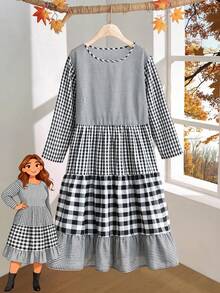 Rusticease 大码女式休闲格子拼接七分袖中长连衣裙，秋冬款 - 黑與白 - 查看 1