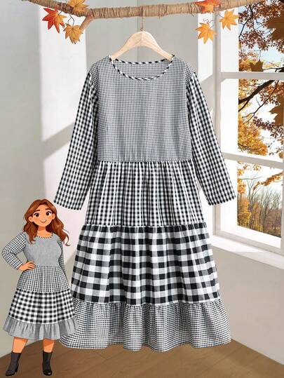 EMERY ROSE 大码女式休闲格子拼接七分袖中长连衣裙，秋冬款