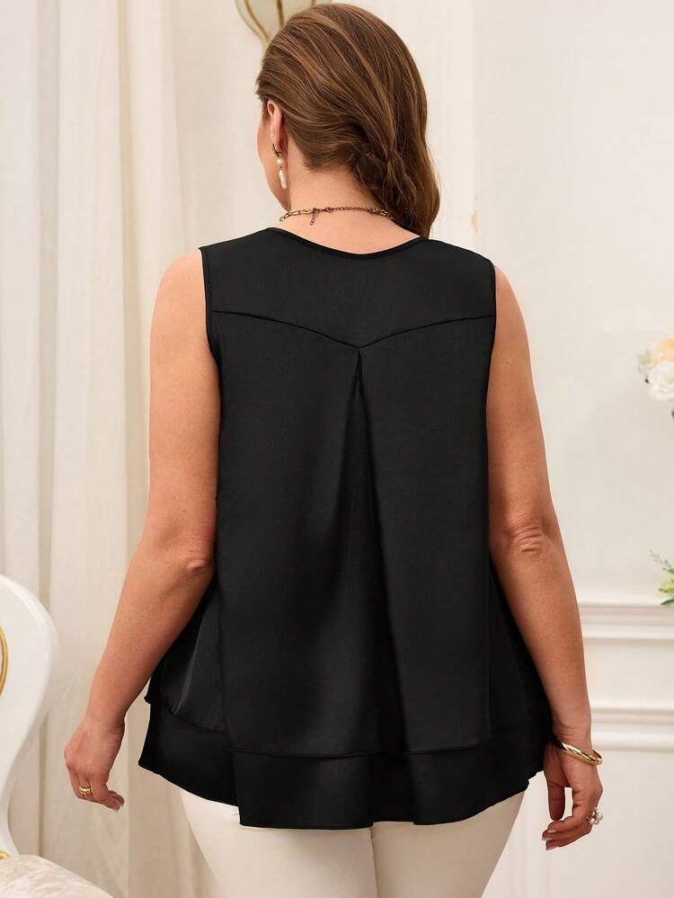 Plus Size Solid V-Neck Sleeveless Casual Loose Satin Black Double Layer Shirt For Summer/ Vacation Plus Size Sleeveless Tops Plus Size Black Tops Plus Size Women Clothes Blouse, Going Out Tops