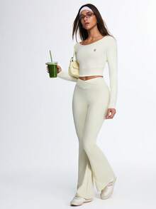 Eassivo Eassivo 女士长袖修身瑜伽上衣，普拉提训练运动服，跑步健身运动服 - 米色 - 查看 6