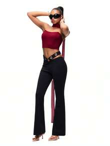 TypaGal 女士时尚街头朋克风镂空腰部喇叭裤 - 黑色 - 查看 5