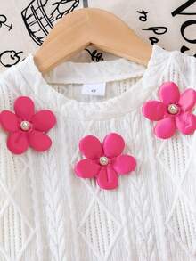 SHEIN Elladie kids 女童可爱黑色碎花装饰白色长袖圆领打底衫搭配黑色百褶舒适迷你裙T恤套装 - 粉色 - 查看 5