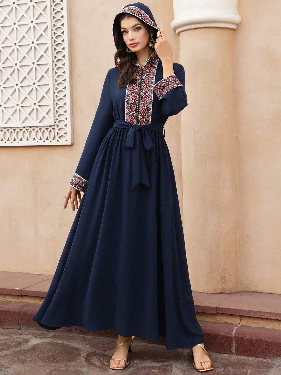 Al Najma Women's Notched Neck Belted Applique Elegant Long Sleeve Arabic Dress - Navy Blue - View 1