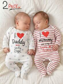 2件套新生儿长袖连脚连体睡衣套装，针织面料，可爱款式，饰有星星、条纹、数码印花和字母图案 - 彩色 - 查看 4