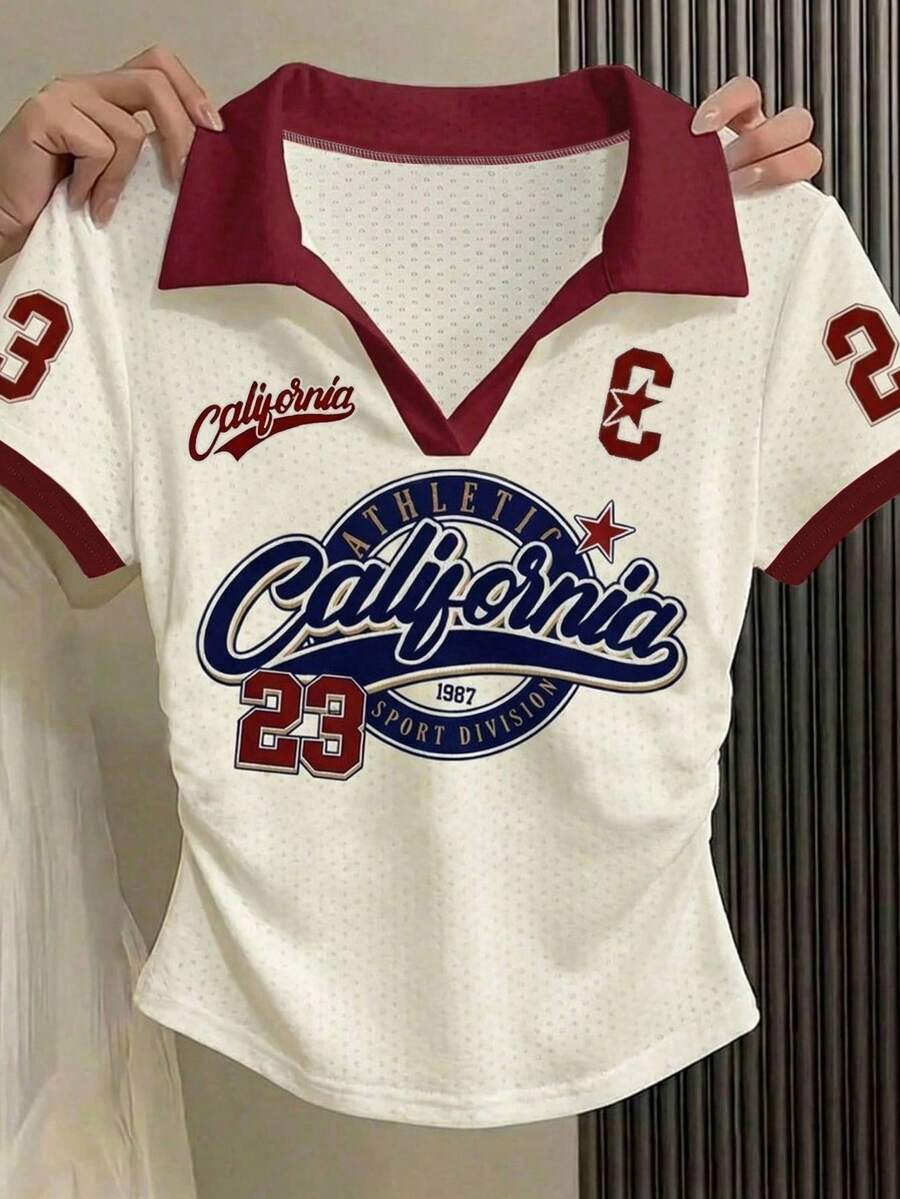 SHEIN EZwear 女士翻领爱心波点纹理面料数字标语撞色 Polo 衫，腰部褶皱短袖 T 恤，适合夏季穿着 - 彩色 - 查看 1