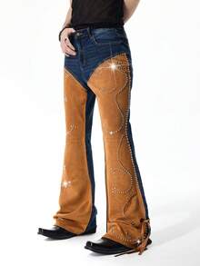 ROMWE MEN Street Life 男士时尚休闲拼接铆钉牛仔喇叭裤 - 藍色 - 查看 1