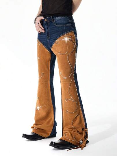 ROMWE MEN Street Life 男士时尚休闲拼接铆钉牛仔喇叭裤