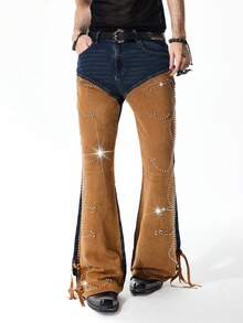 ROMWE MEN Street Life 男士时尚休闲拼接铆钉牛仔喇叭裤 - 藍色 - 查看 4