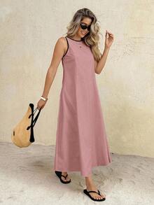 SHEIN Frenchy 女士休闲圆领长连衣裙，适合日常穿着和约会 - 粉色 - 查看 4