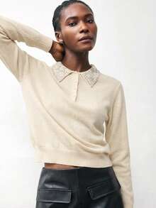 Maija 女士翻领纽扣半开襟水钻装饰时尚百搭通勤长袖毛衣基础款上衣，适合都市通勤、商务休闲、派对、情人节、夏季等场合。 - 杏色 - 查看 11