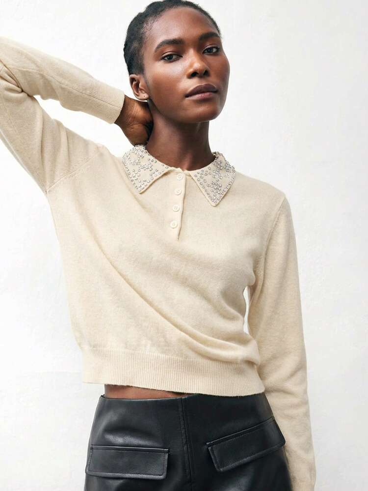 SHEIN Maija Women's Lapel Button Half Placket Rhinestone Decor Fashion Versatile Commuting Long Sleeve Sweater Basic Top, Suitable For Urban Commute, Business Casual, Party, Valentine's Day, Summer Peter Pan Collar Knit Tops