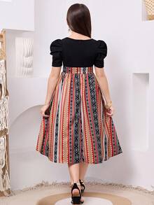 SHEIN Tween Girl Black And Beige Moon Print Puff Sleeves Patchwork Stripe Square Neck Dress,Matching Mother-Daughter Boho Summer Birthday Casual Wear - Black - View 3