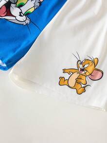 TOM & JERRY X SHEIN Bộ đồ ngủ ngắn tay và quần short in hình chữ hoạt hình ngộ nghĩnh dành cho bé trai tuổi teen, phối màu tương phản, thích hợp cho mùa hè. - Xanh và trắng - Xem 6