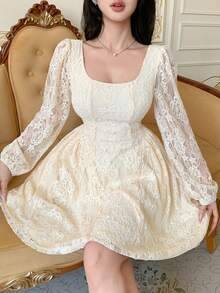 DAZY 女士优雅蕾丝泡泡袖方领迷你连衣裙，春夏款 - 米色 - 查看 5