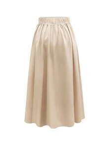 GlowEve 2026春夏新款高腰显瘦长裙，优雅休闲百搭A字裙，交叉绑带设计，蓬松伞裙造型，金属链条装饰，适合教师节和节日穿着。 - 杏色 - 查看 2