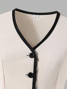 Reset Phase Teen Girl Contrast Trim V-Neck Button Front Sleeveless Jacket And Elastic Waist Pants Set - Apricot - View 7