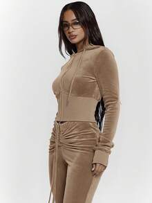 MUSERA Zip Through Fitted Ribbed Snatched Underbust Hooded Velour Sweatshirt Only Sexy Going Out Night Out  Cute Streetwear ,Elegant Spring Summer Holiday - Brown - View 4