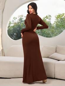 Modelyn Women's Elegant 3D Floral Decor Ruched Long Sleeve Dress,Coffee Brown Chocolate Autumn Formal Dress For Dining,Classy Wedding Guest Solid Color Gown - Coffee Brown - View 4
