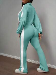 Slaydiva New Early Autumn Casual Simple Daily Dating Sports Style Yoga Suit Small Stand-Up Collar Front Middle Zipper Drop Shoulder White Splicing Light Purple Hem Drawstring Long-Sleeved Top + Purple Flared Trousers Side White Splicing Yoga Pants Knit Suit Women's Two Pieces Suit-B Women 2 Piece Sets Long Sleeve Two Piece Set 2 Piece Pants Set - Teal Blue - View 3