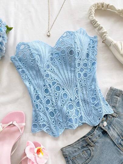 Soleia Corset ajustado de dos capas con diseño vanguardista y sexy para vacaciones, estilo europeo y americano joven. Shapewear con bordado calado en azul claro