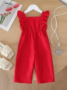 SHEIN Mono de verano sin mangas con volantes y tejido para niñas bebé, de estilo casual y elegante para vacaciones, primavera/verano - Rojo - Ver 2