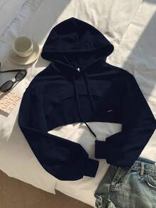 SHEIN EZwear Sudadera corta con detalle de cordón, en negro y blanco, tops de manga larga para otoño/invierno - Azul Marino - Ver 3