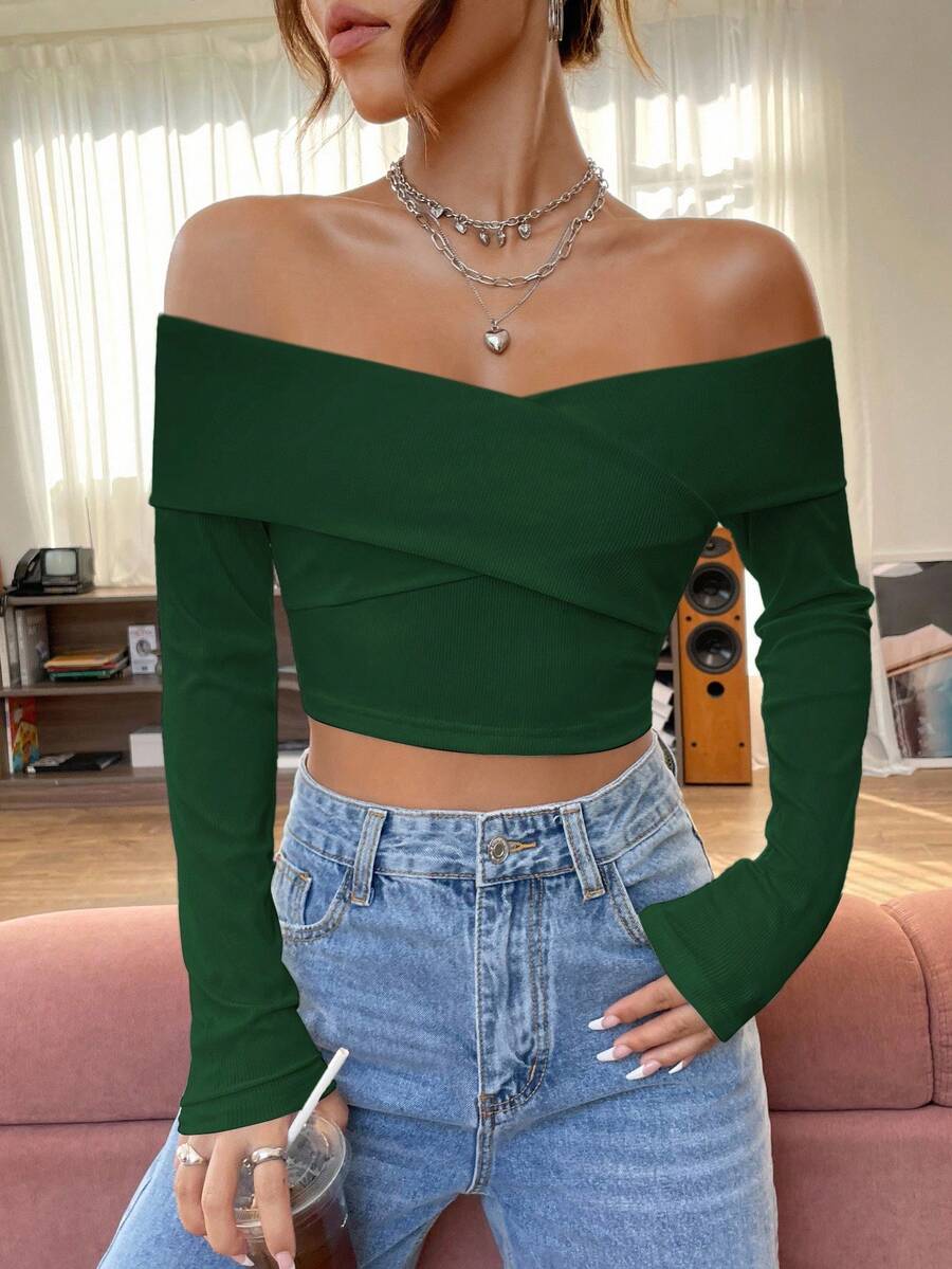 Firerie Women's Solid Color Wrap Off Shoulder Elegant Long Sleeve Top - Dark Green - View 1