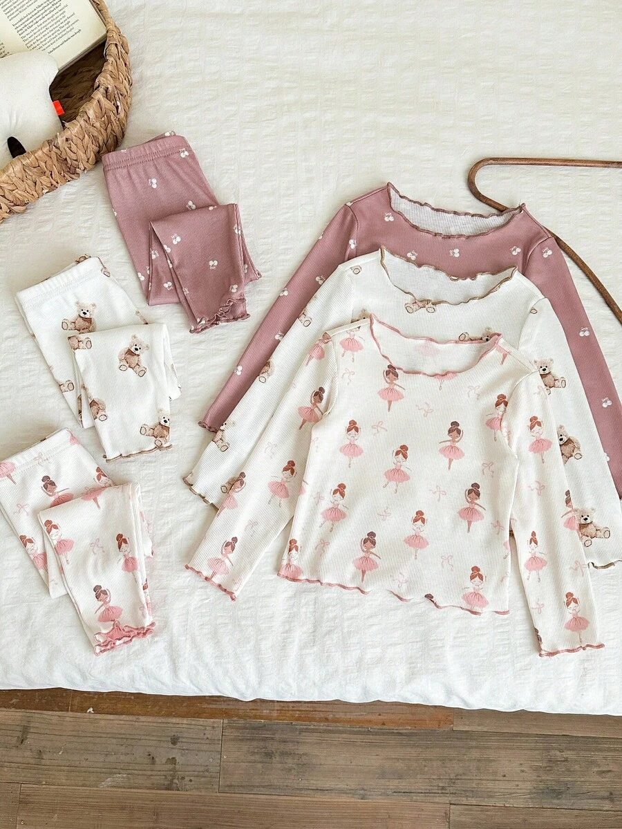 LMoss Kids 2pcs Baby Girl Knit Floral Bear Pattern Ruffle Collar Casual T-Shirt And Pants Homewear Set - Multicolor - View 1